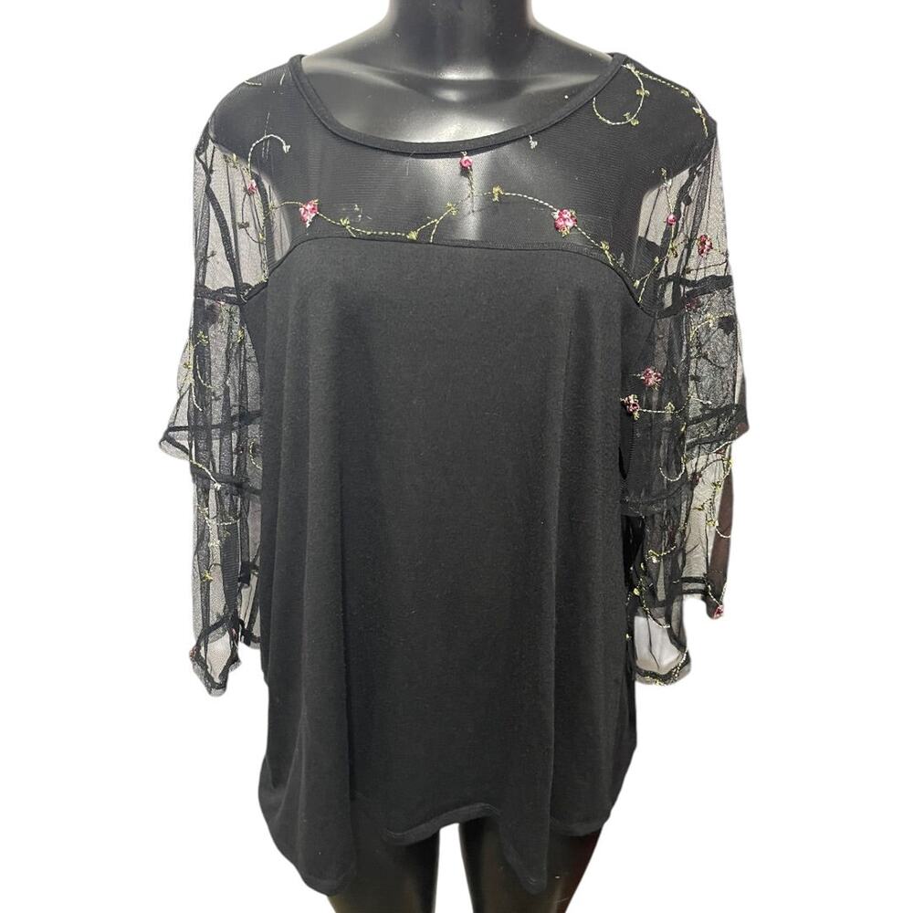 1X Ultra Teeze Womens Black Mesh Yoke Sleeve Embroidered Shirt